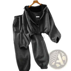 Women 3-piece tracksuit hoodie vest and joggers set in dark gray quilted textured fabric with elastic cuffs and waistband