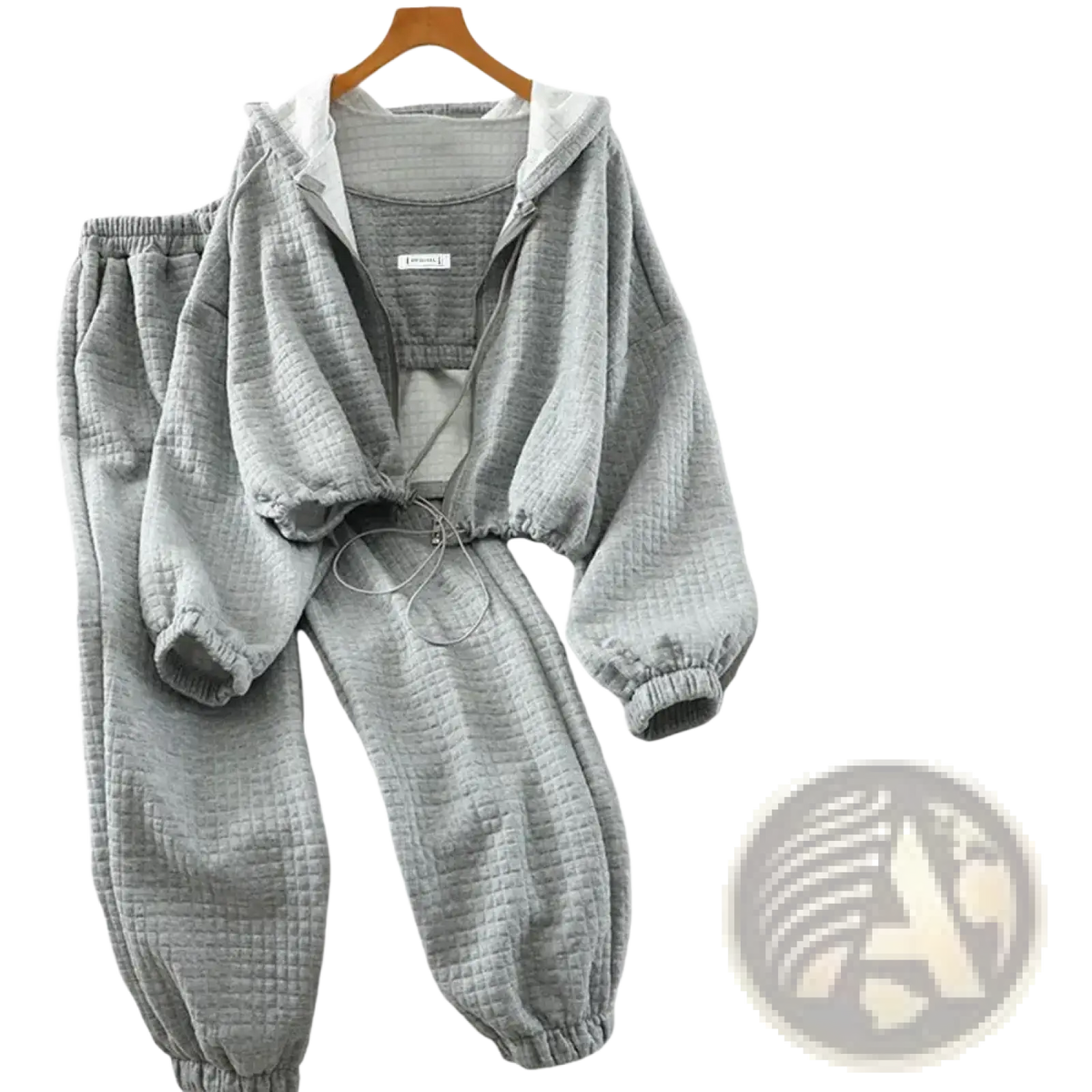 Women 3-piece tracksuit set featuring gray quilted hooded sweatshirt and matching jogger pants for casual wear