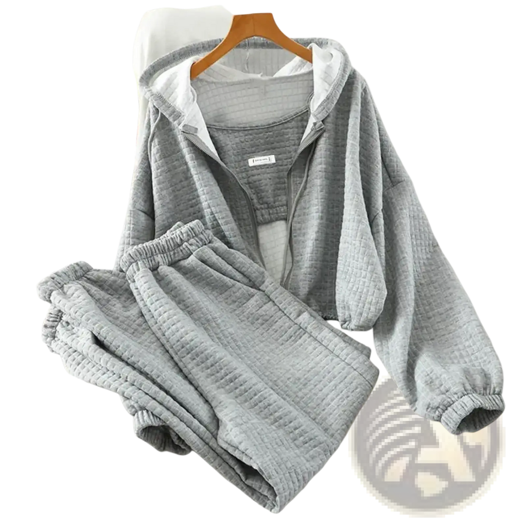 Women 3-piece tracksuit hoodie vest and joggers set in gray quilted fabric for comfortable casual wear