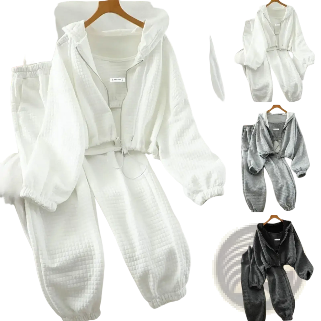 Women 3-piece tracksuit hoodie vest and joggers set in white textured cotton with elastic cuffs for comfortable wear
