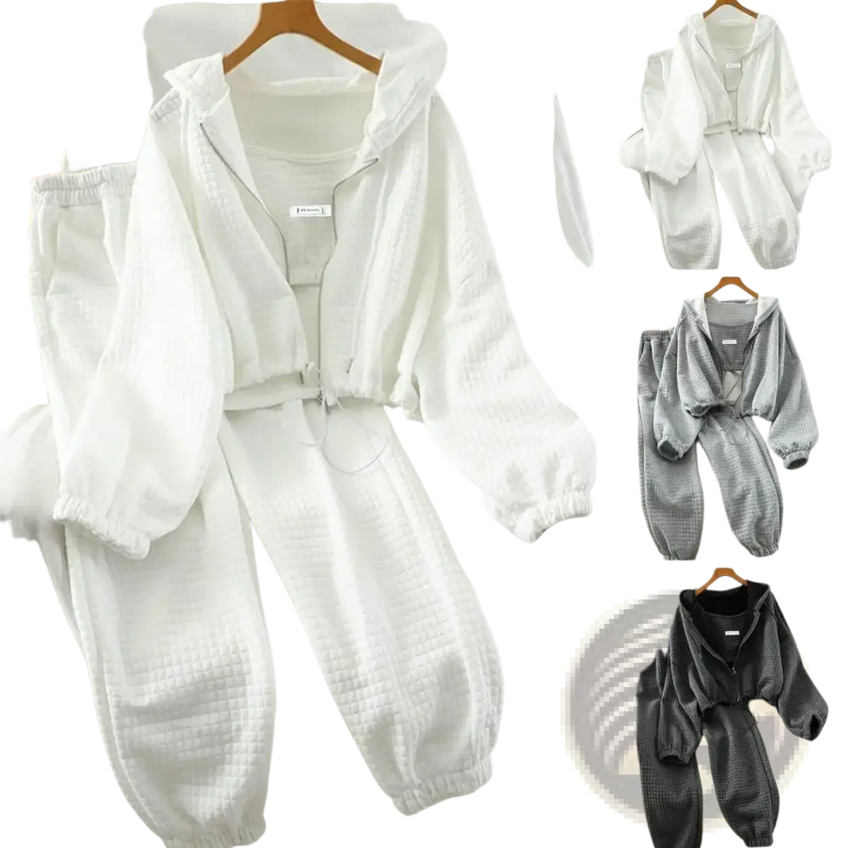 Women 3-piece tracksuit hoodie vest and joggers set in white textured cotton with elastic cuffs for comfortable wear