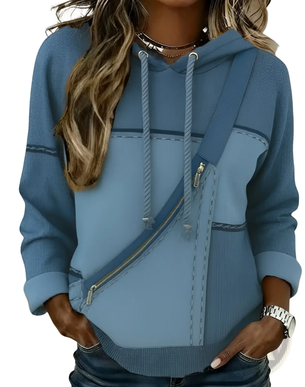Women 3d patchwork hoodie in blue denim with rope drawstrings and a diagonal zipper pocket