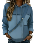 Women 3d patchwork hoodie in blue denim with rope drawstrings and a diagonal zipper pocket
