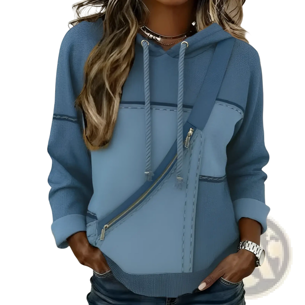 Women 3d patchwork hoodie in blue denim style with diagonal zipper pocket and matching drawstrings