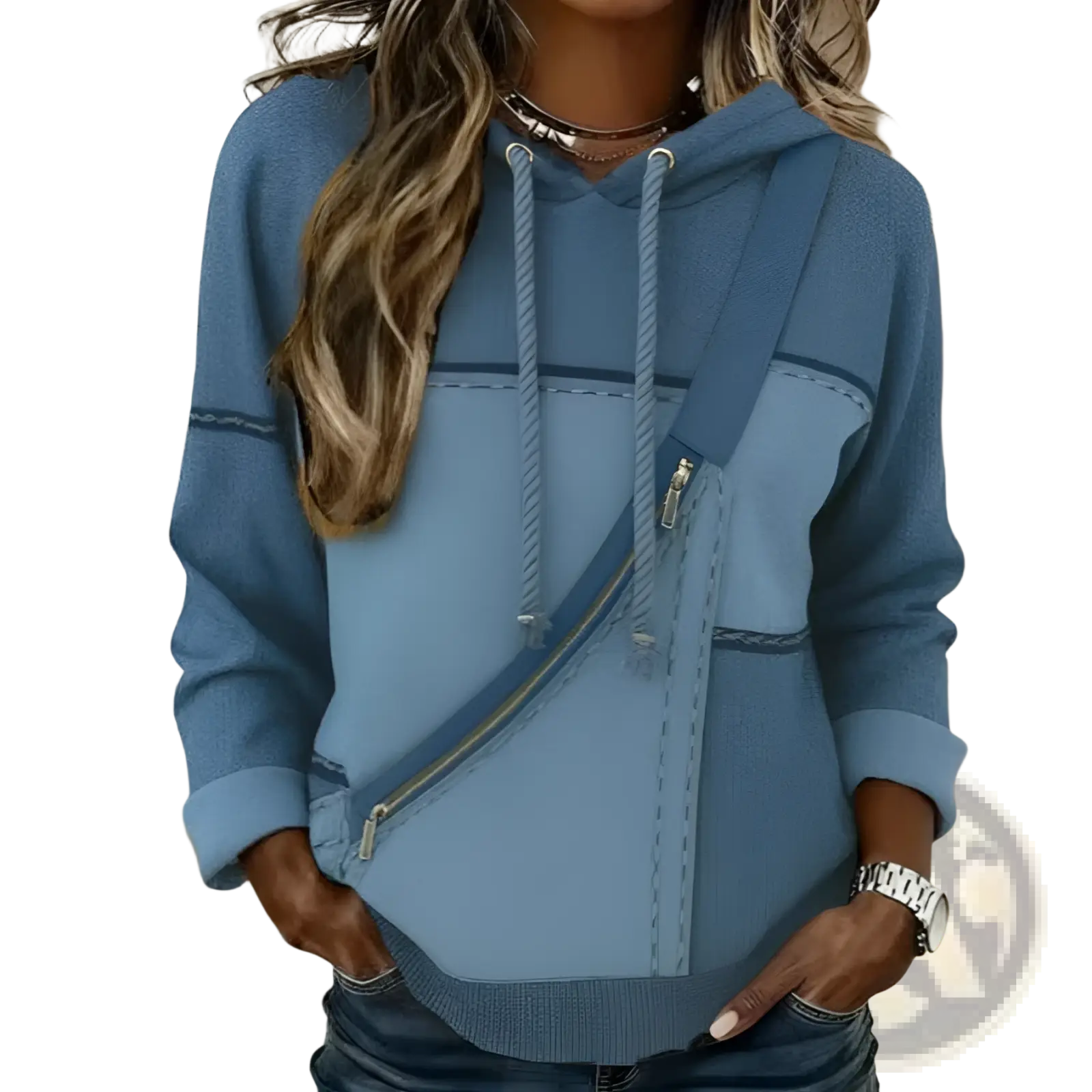 Women 3d patchwork hoodie in blue denim style with diagonal zipper pocket and matching drawstrings