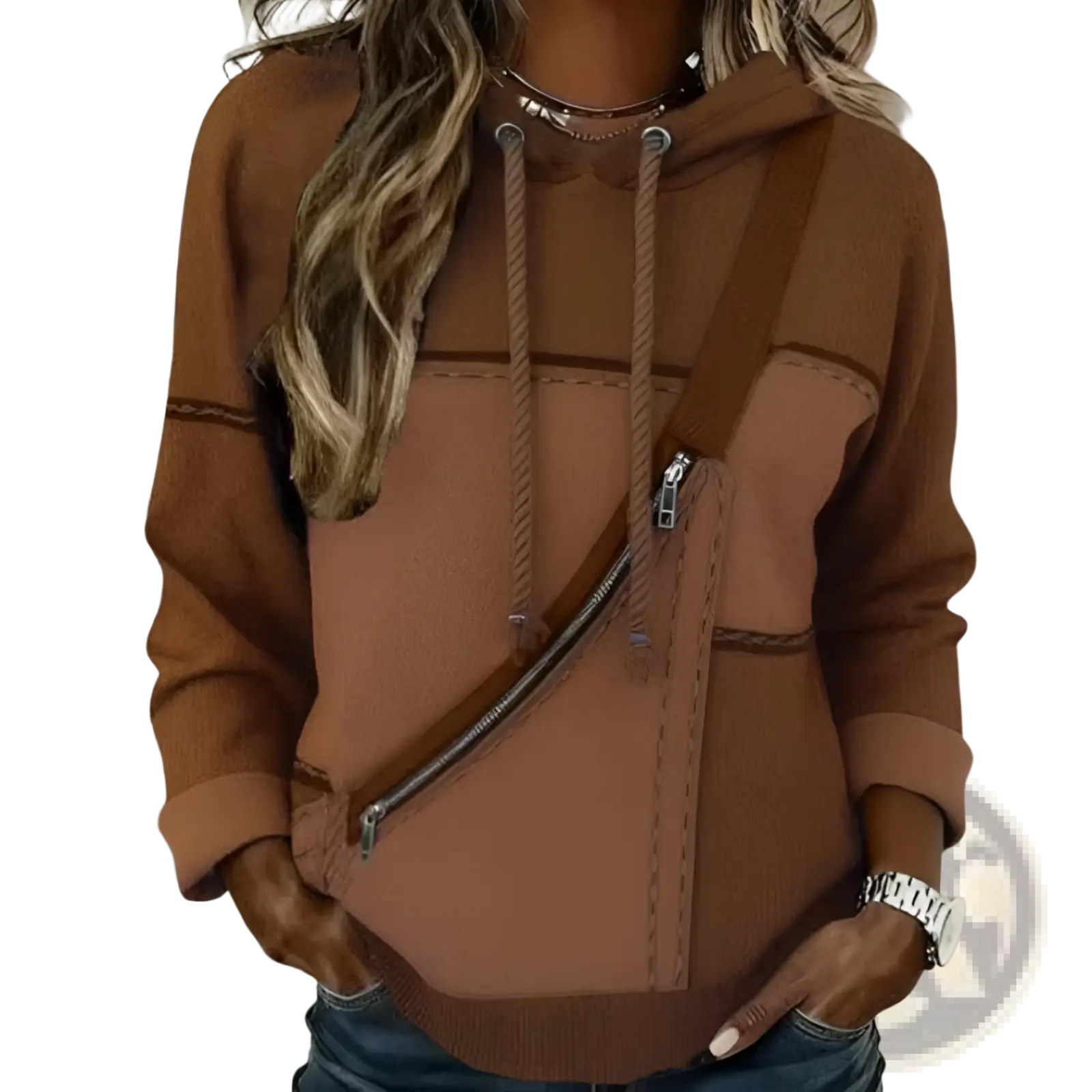 Women 3d patchwork hoodie in brown hooded sweatshirt with diagonal zipper pocket and matching drawstrings