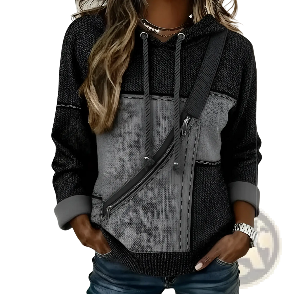 Women 3d patchwork hoodie in dark and medium gray knit fabric with a diagonal zippered pocket detail