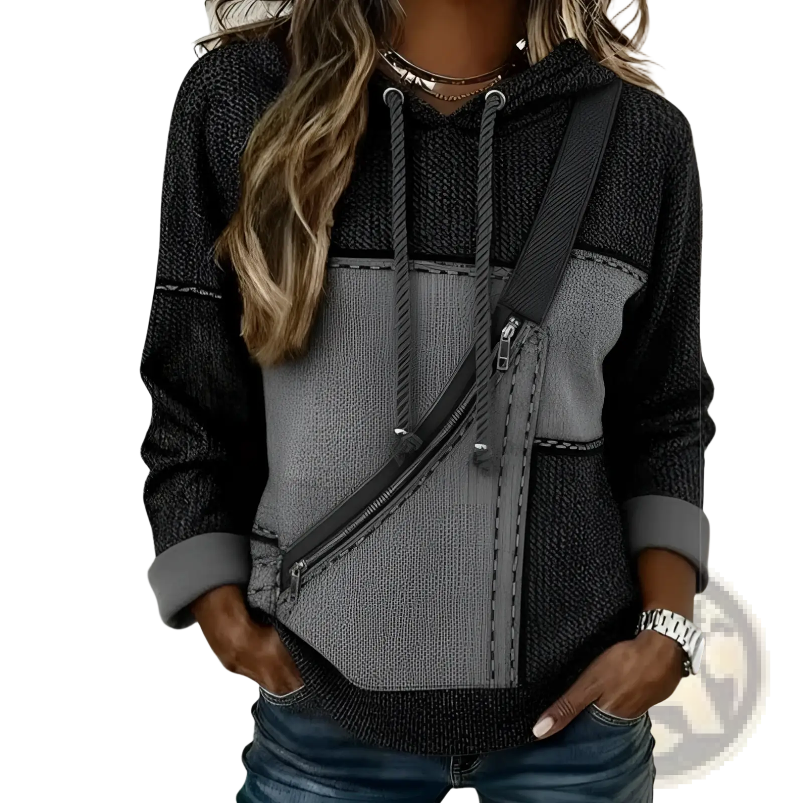 Women 3d patchwork hoodie in dark and medium gray knit fabric with a diagonal zippered pocket detail