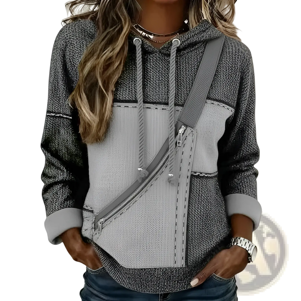 Women 3d patchwork hoodie in gray and light gray knit with a diagonal zipper pocket for casual wear