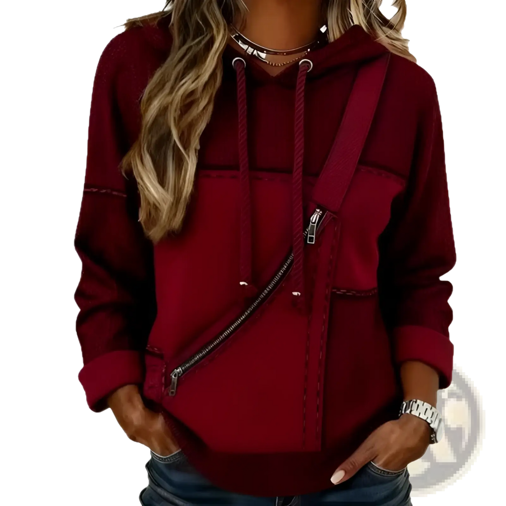 Women 3d patchwork hoodie maroon hooded sweatshirt with diagonal zipper and contrasting stitching details