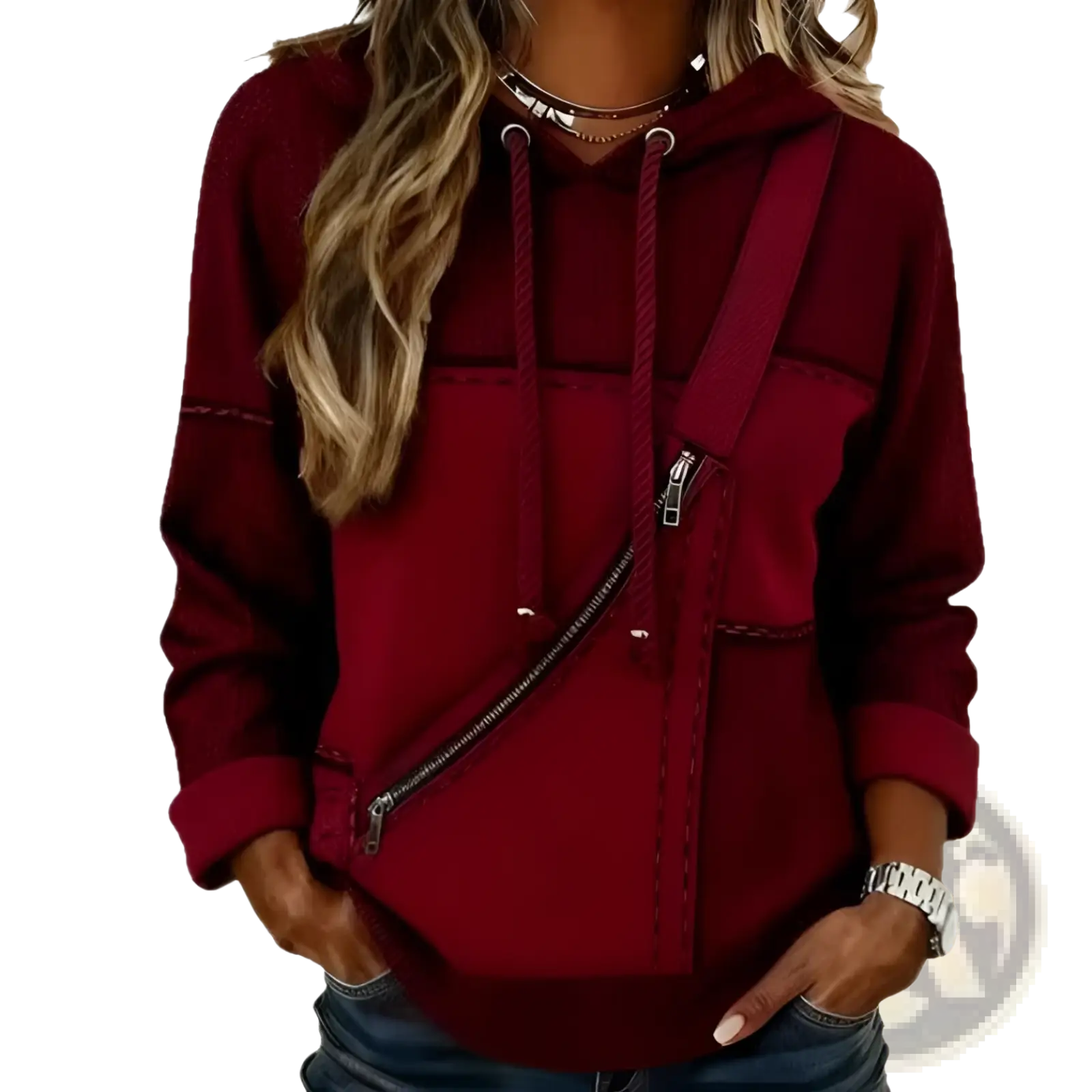 Women 3d patchwork hoodie maroon hooded sweatshirt with diagonal zipper and contrasting stitching details