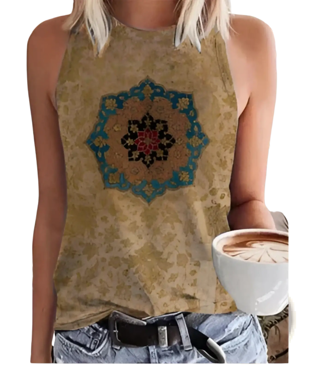 Beige sleeveless crewneck tank top for women with a detailed blue and red mandala 3d print on the front