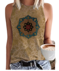 Beige sleeveless crewneck tank top for women with a detailed blue and red mandala 3d print on the front