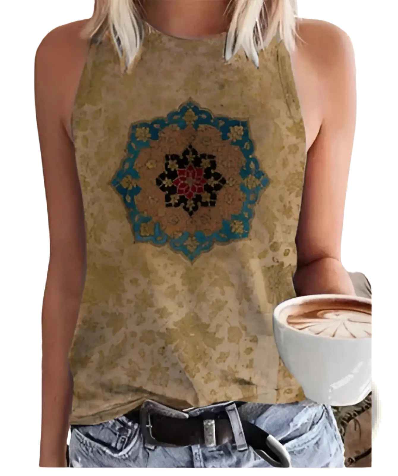 Beige sleeveless crewneck tank top for women with a detailed blue and red mandala 3d print on the front