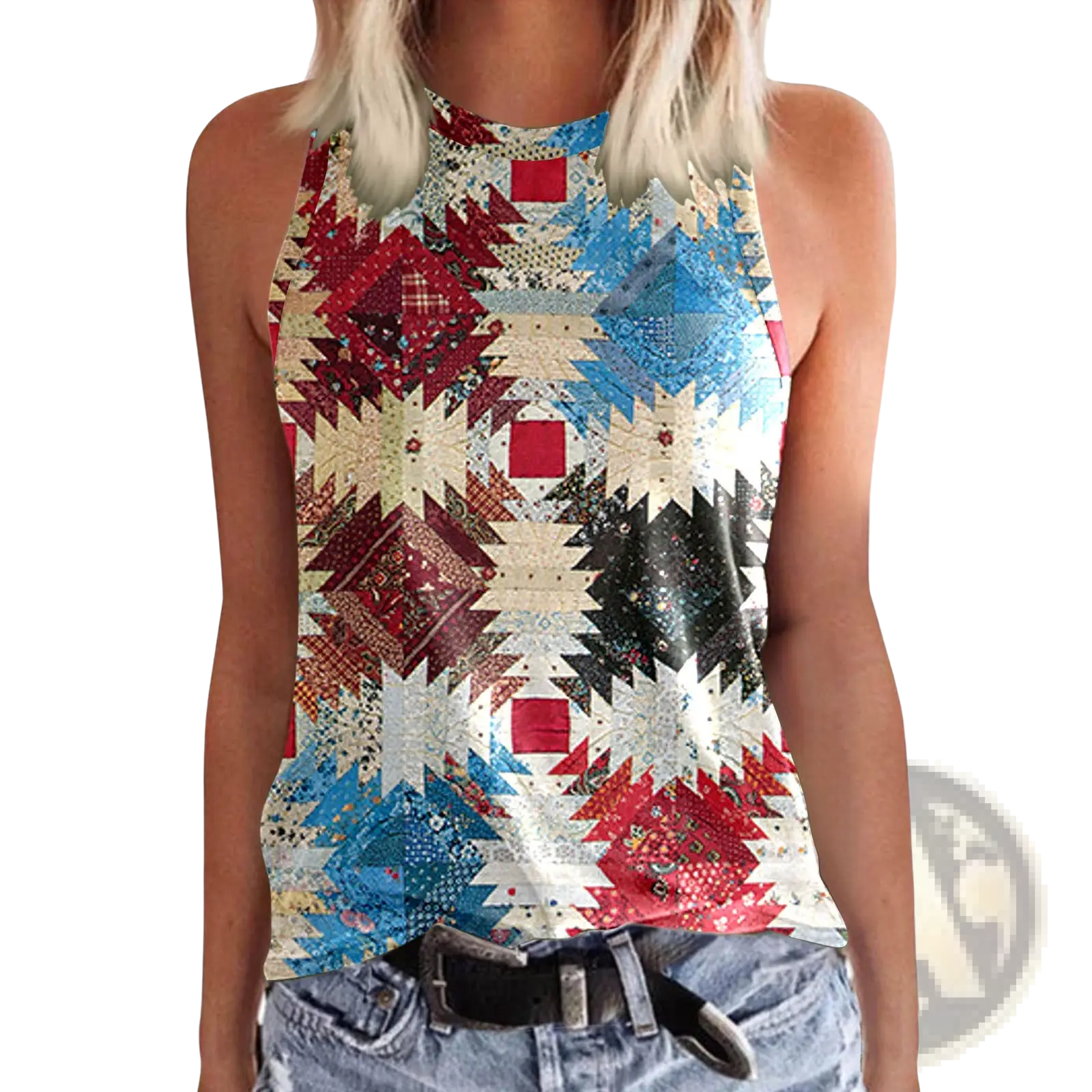 Women 3d print crewneck tank top with vibrant sleeveless geometric patchwork in red blue black and cream tones