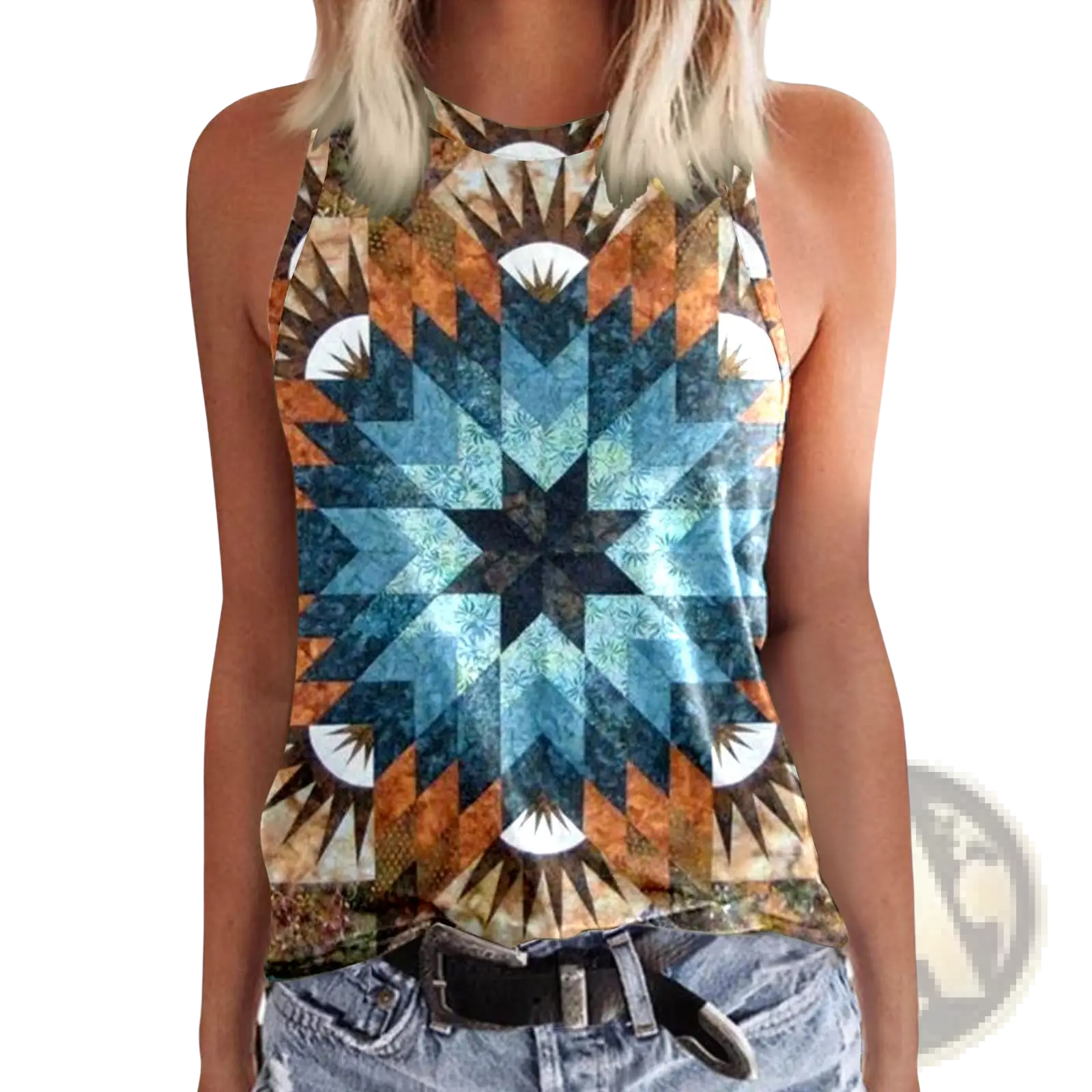 Women 3d print crewneck tank top sleeveless with bold geometric quilt pattern in blue orange brown and white accents