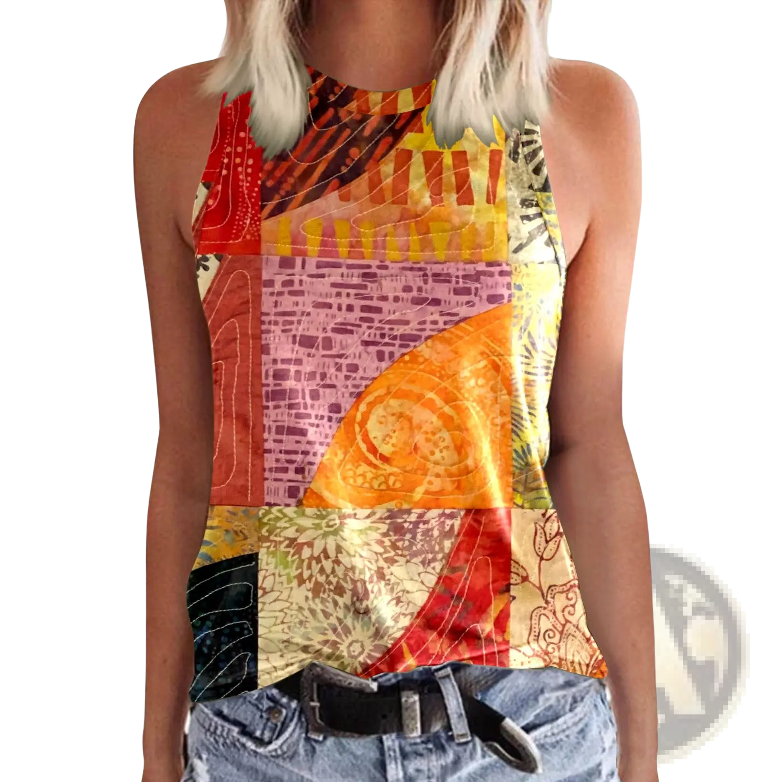 Women 3d print crewneck tank top with vibrant orange red yellow and purple patchwork halter style patterns