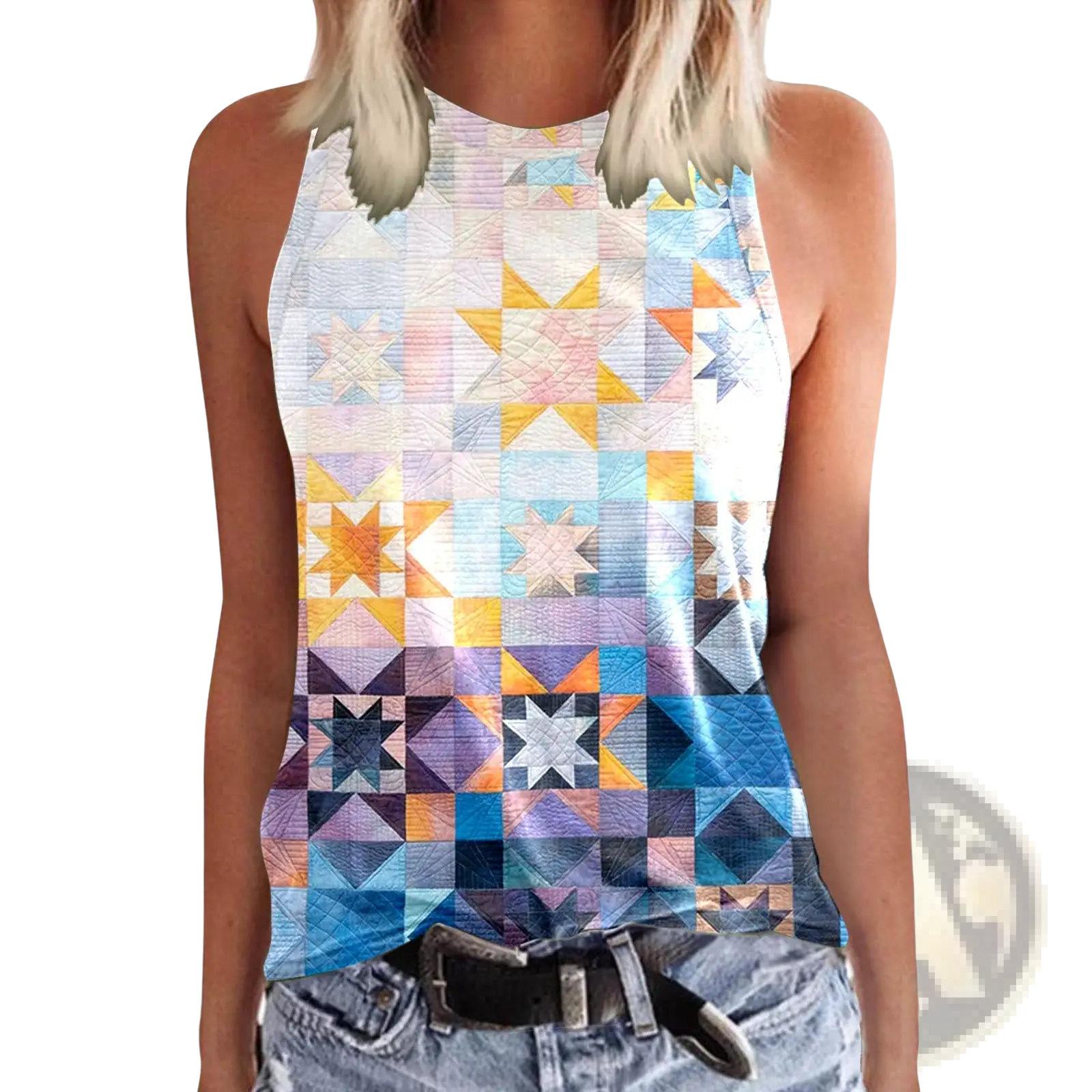 Women 3d print crewneck tank top sleeveless with vibrant quilted star pattern in blue yellow purple and orange colors