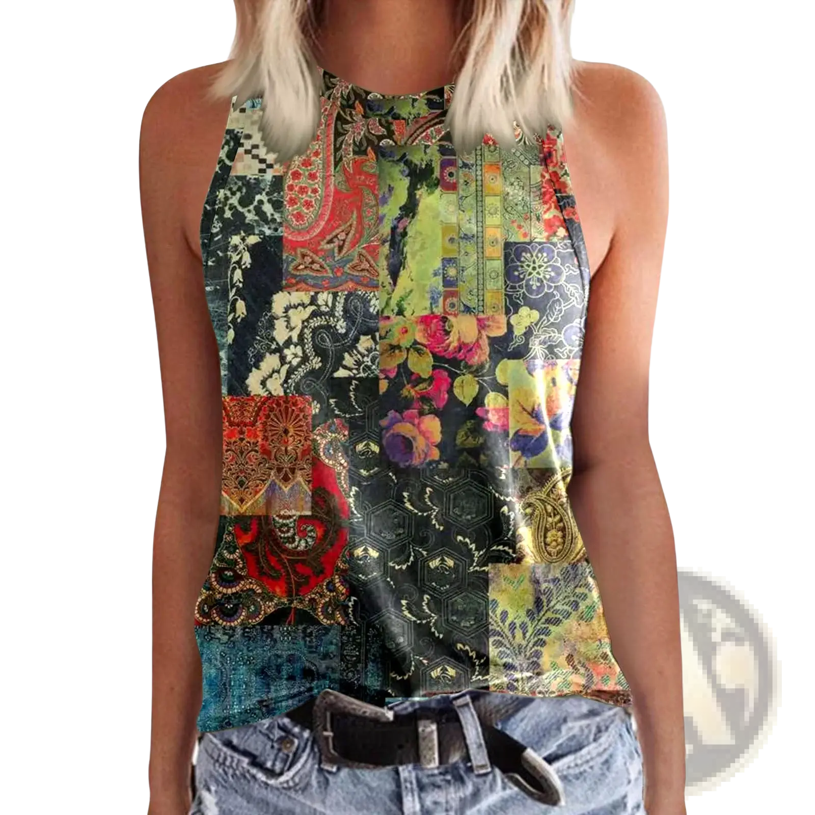 Women 3d print crewneck tank top with vibrant patchwork halter design featuring paisley floral and geometric patterns