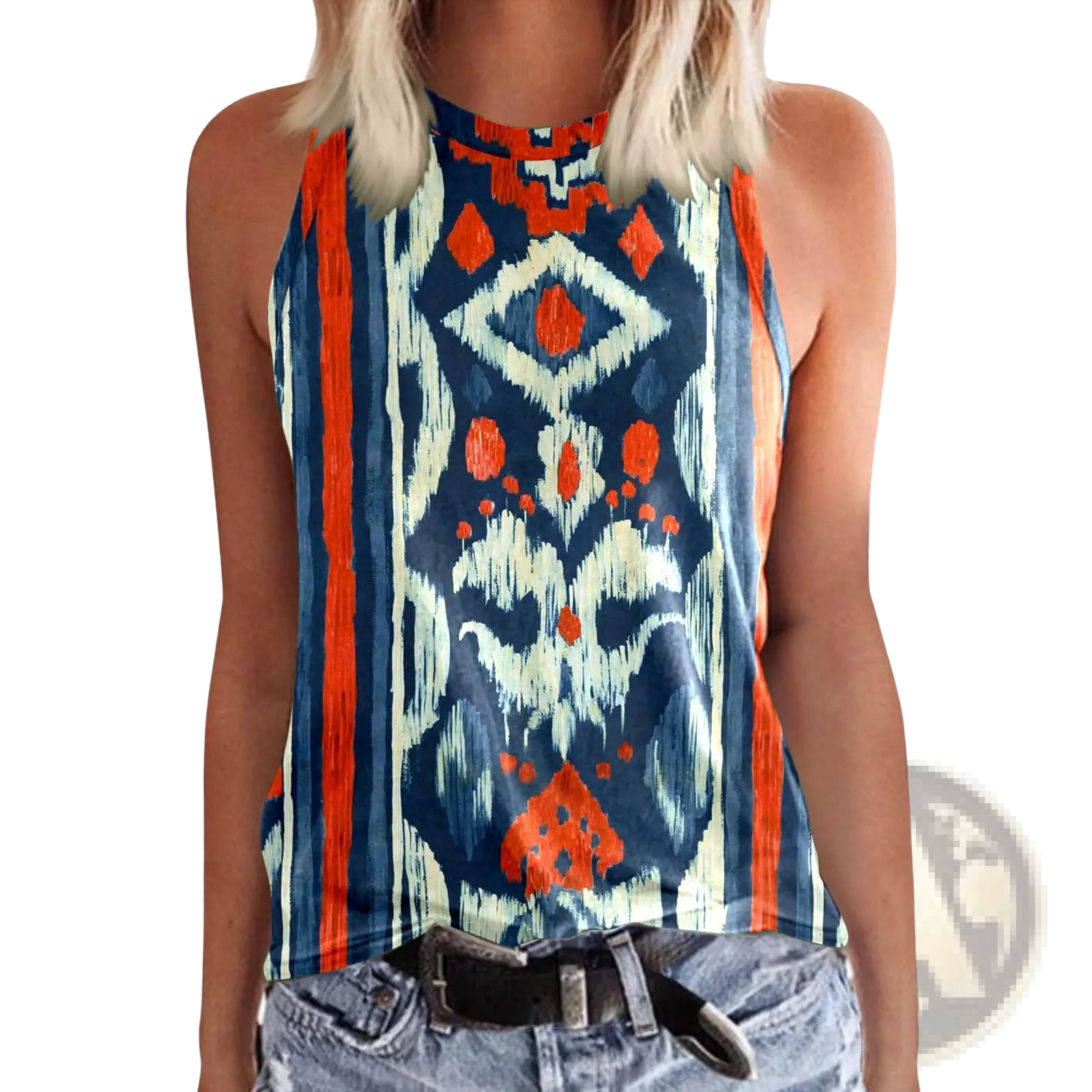 Women 3d print crewneck tank top with sleeveless design and bold navy blue orange cream abstract geometric pattern