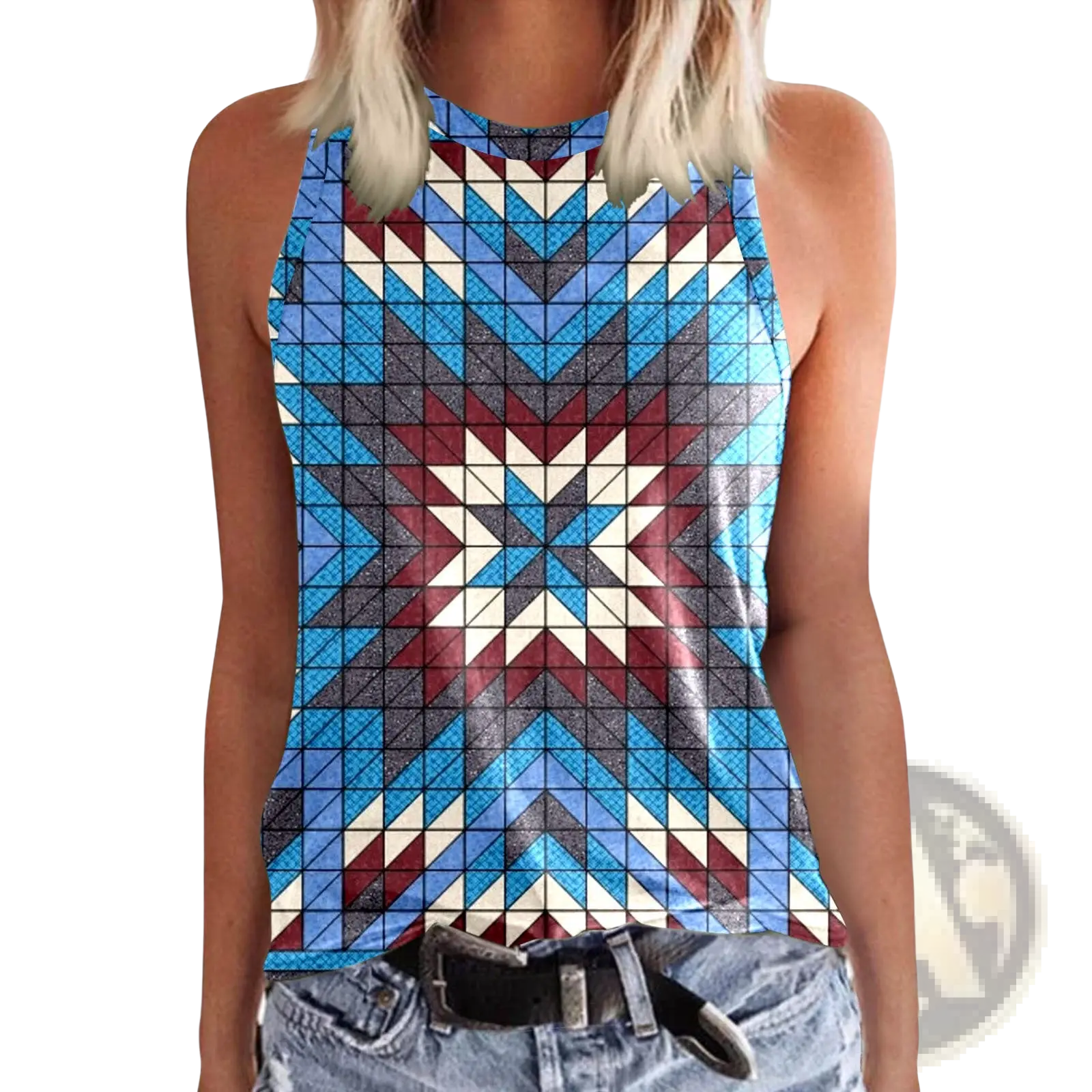Women 3d print crewneck sleeveless tank top with bold blue maroon white geometric star pattern and black grid lines