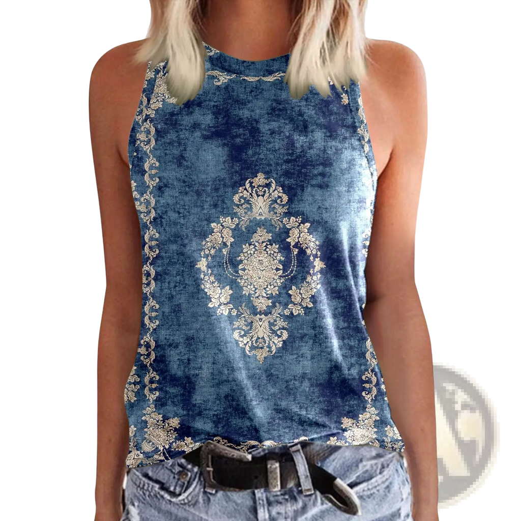 Women 3d print crewneck tank top in blue velvet with intricate gold floral embroidery and halter neck design