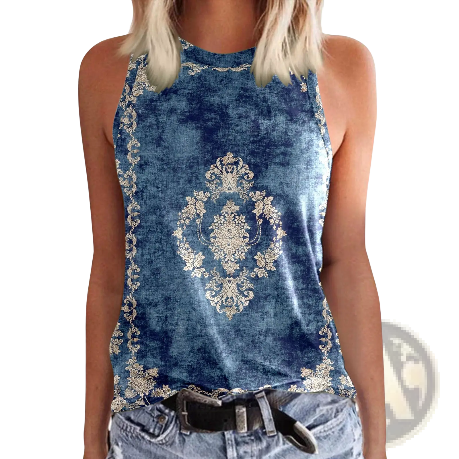 Women 3d print crewneck tank top in blue velvet with intricate gold floral embroidery and halter neck design