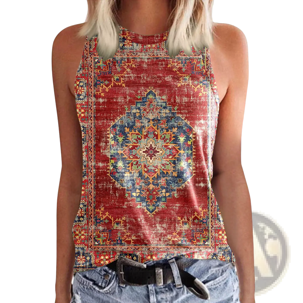 Women 3d print crewneck tank top featuring a red and blue patterned halter design with vintage rug motifs