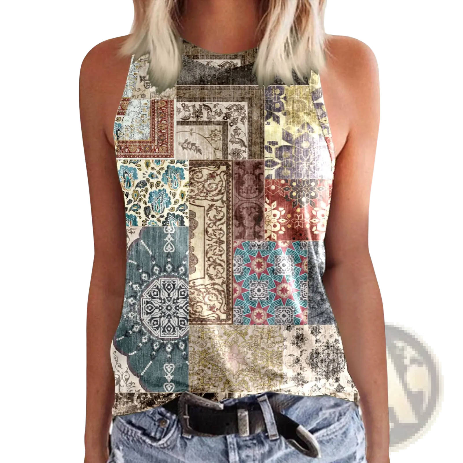 Women 3d print crewneck tank top with sleeveless patchwork design and vintage rug patterns in earthy tones