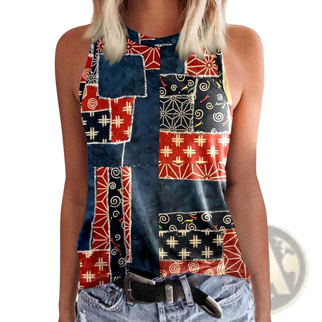 Women 3d print crewneck tank top sleeveless with vibrant red navy blue and black patchwork and geometric cream yellow patterns