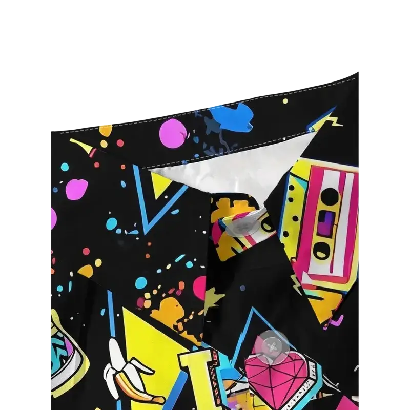 Women 90s graphic short sleeve black button up shirt with vibrant retro print featuring colorful splatters and icons