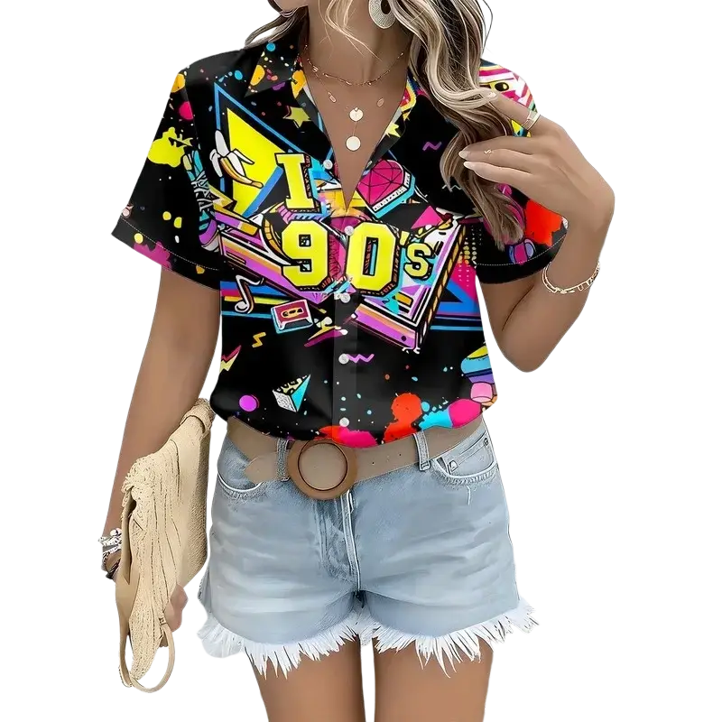 Black women 90s graphic short sleeve button up shirt featuring vibrant neon yellow pink and blue designs
