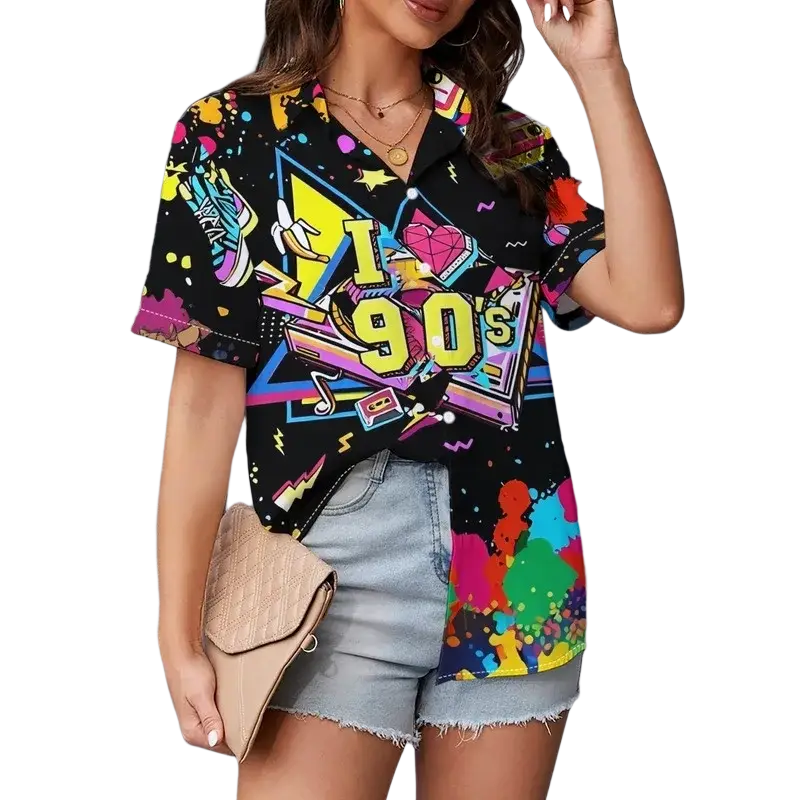 Women 90s graphic short sleeve button up shirt black featuring neon colors geometric shapes and retro icons