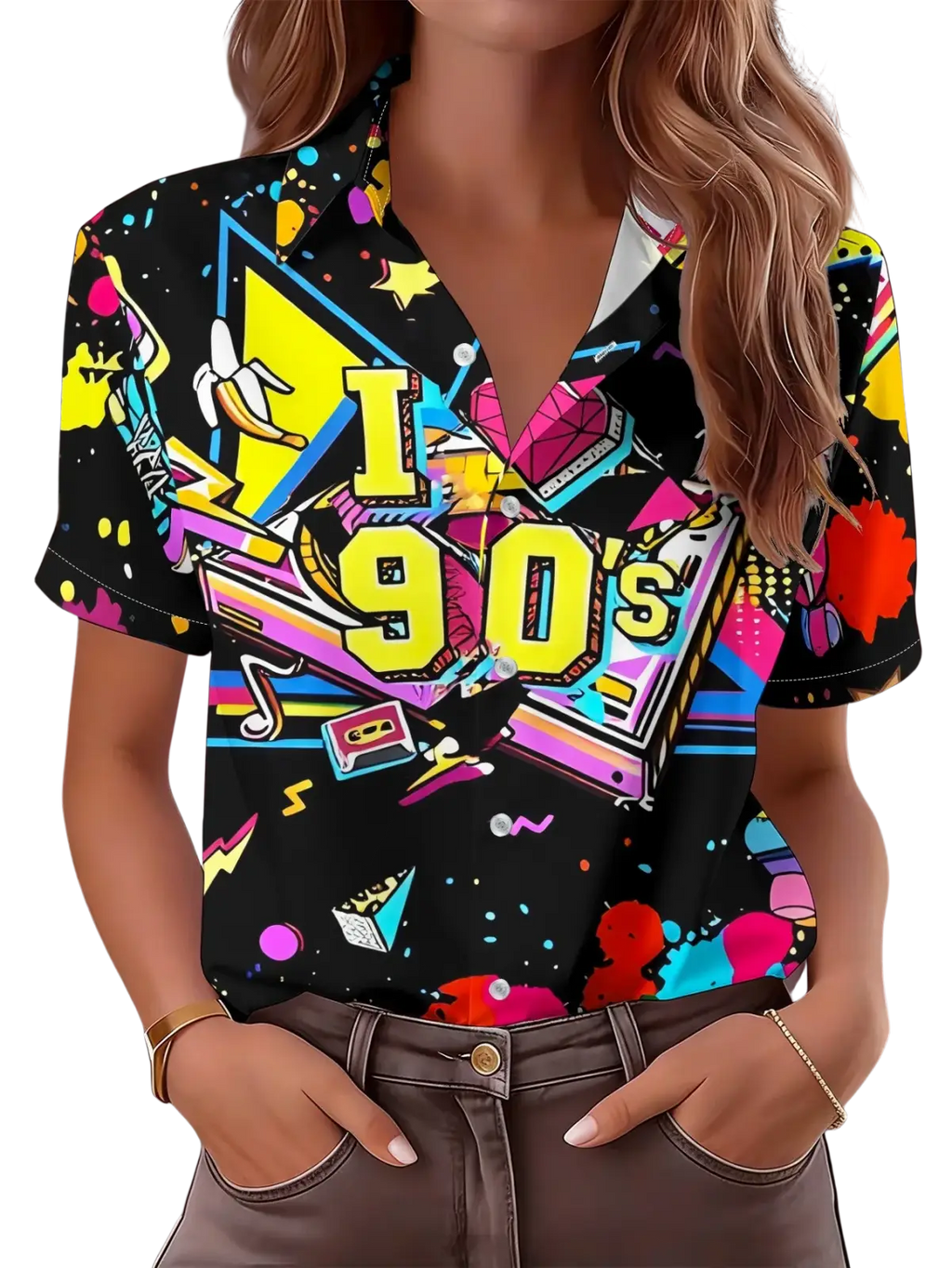 Women 90s graphic short sleeve button up shirt black with neon yellow pink and blue 90s-themed paint splashes and cassette tapes