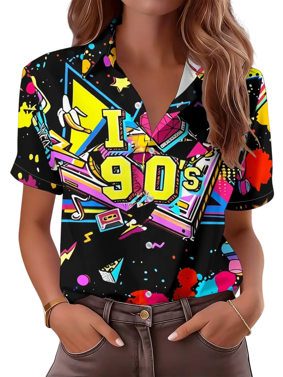 Women 90s graphic short sleeve button up shirt black with neon yellow pink and blue 90s-themed paint splashes and cassette tapes