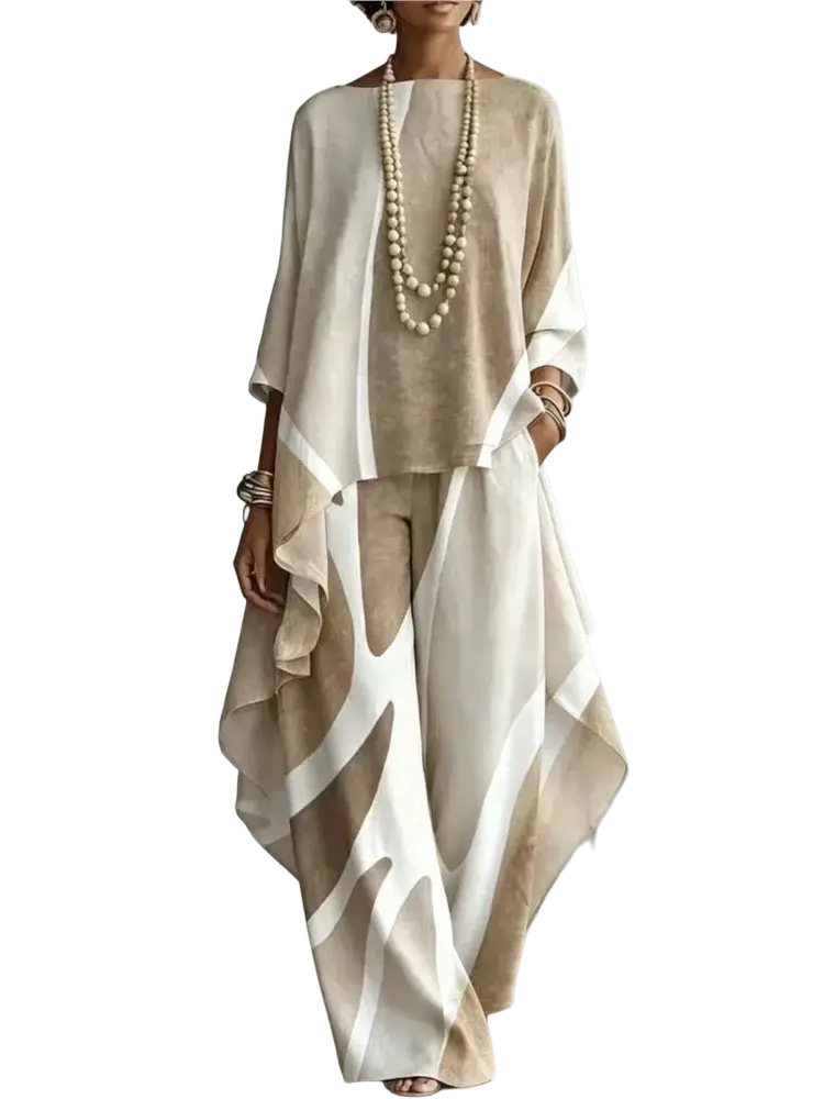 Beige and white abstract print wide-leg pants with a flowing asymmetrical design in women two piece outfit set