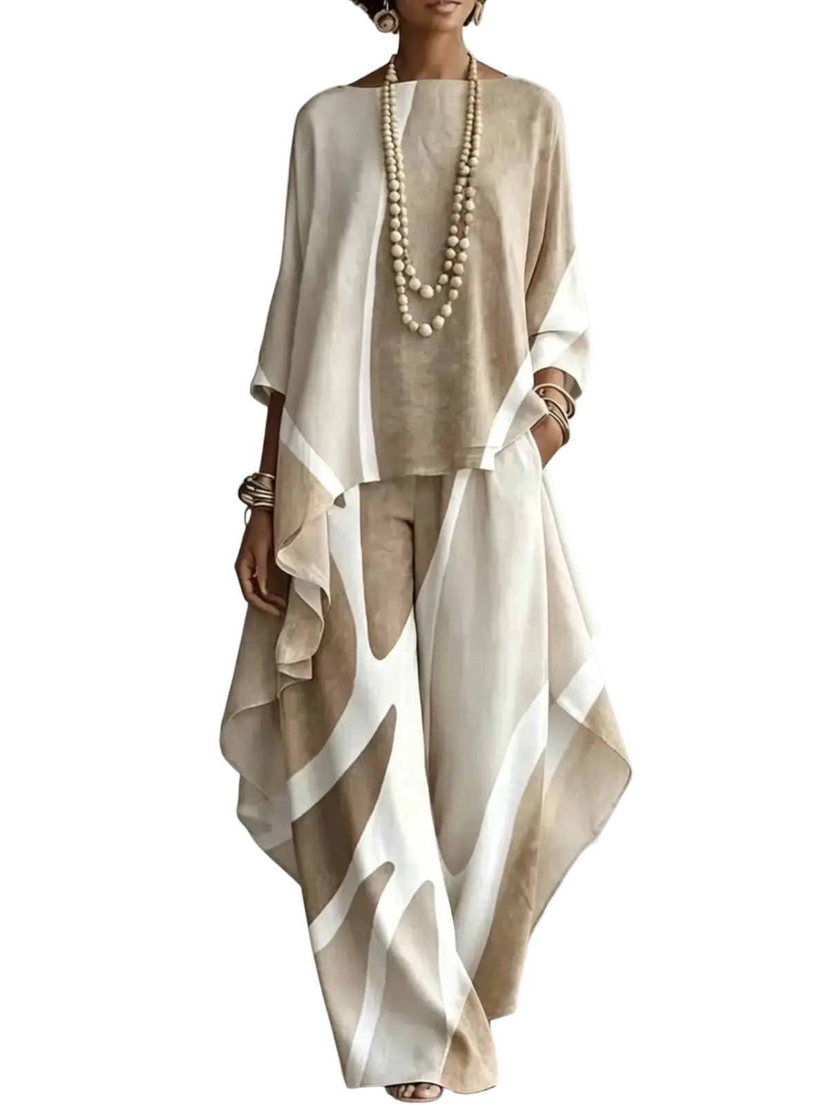Beige and white abstract print two piece outfit set with flowing fabric and layered asymmetrical design for women