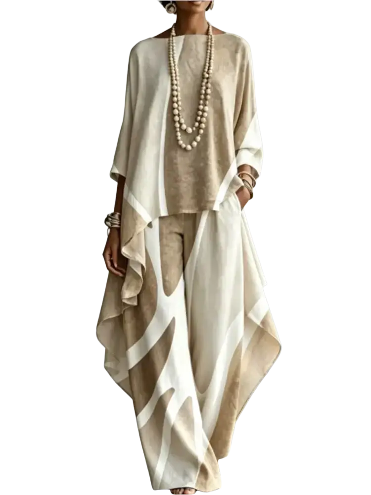 Women abstract print two piece outfit set in beige and white with flowing layered draped fabric design