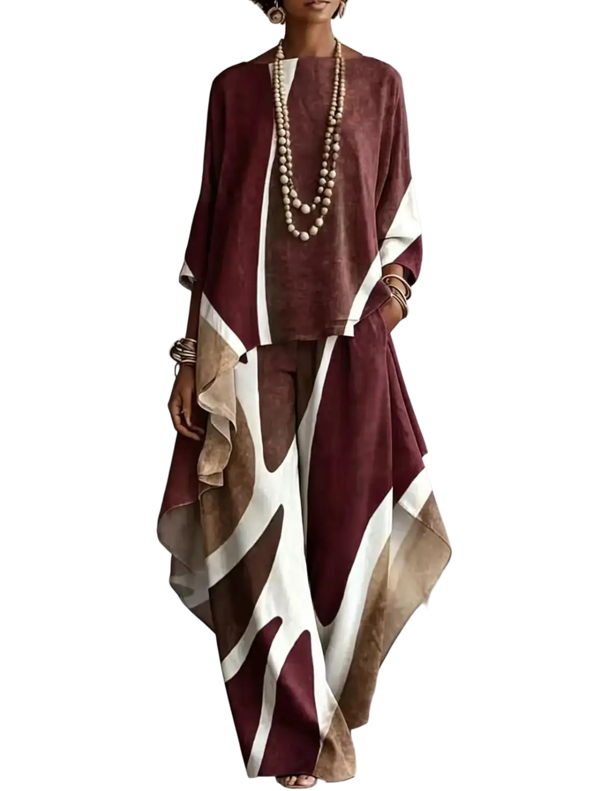 Women abstract print two piece outfit set featuring flowing earth tones with maroon cream abstract pattern and layered fabric panels