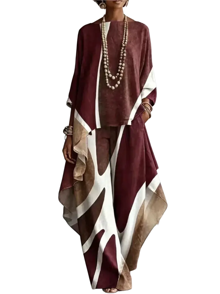 Women abstract print two piece outfit set with flowing maroon white and beige loose top and wide-leg pants