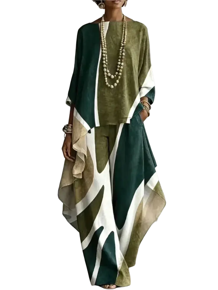Women abstract print two piece outfit set with olive green and white flowing asymmetrical design for casual wear