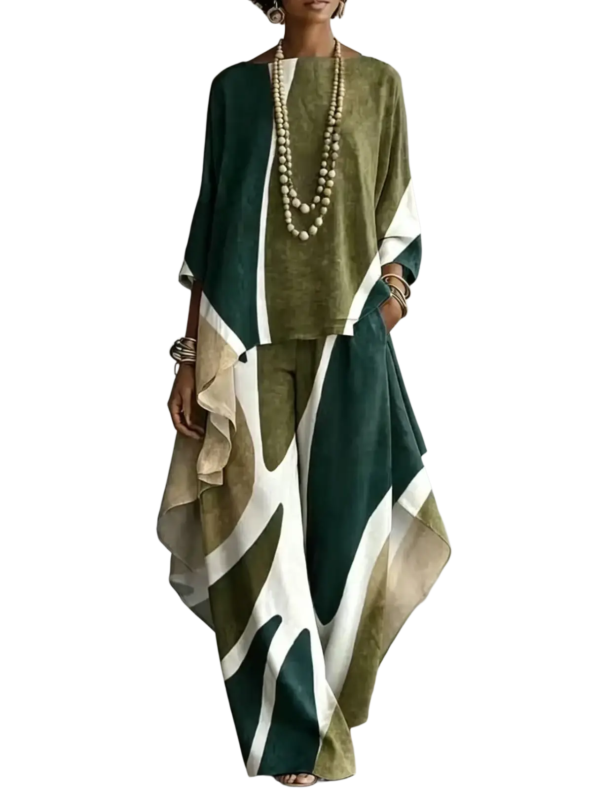 Women abstract print two piece outfit set featuring olive and white wide-leg pants with flowing asymmetrical design