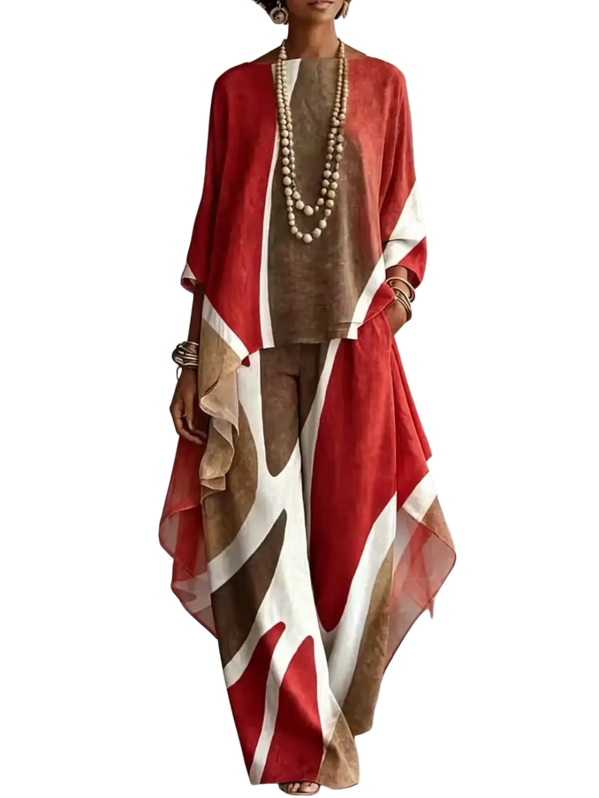 Women abstract print two piece outfit set featuring a red beige and white flowing cape with layered ruffles