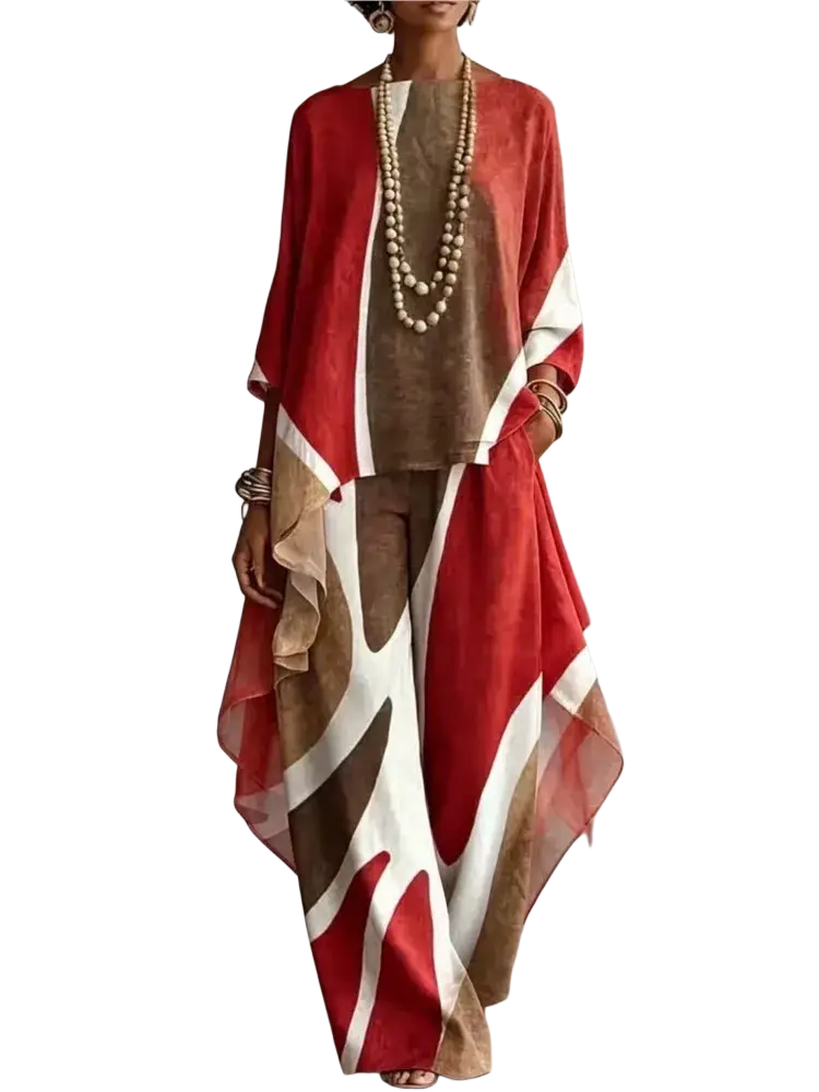 Women abstract print two piece outfit set featuring red brown and white flowing fabric with loose top and wide leg pants