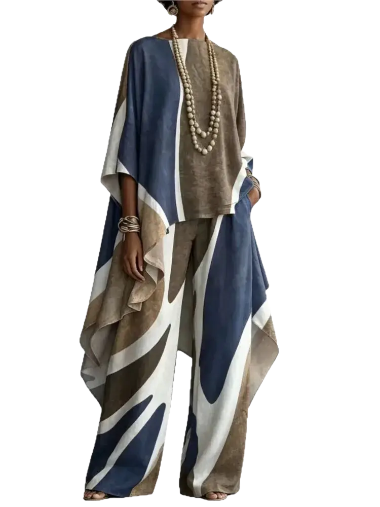 Women abstract print two piece outfit set with flowing wide-legged pants in navy blue beige and white bold pattern
