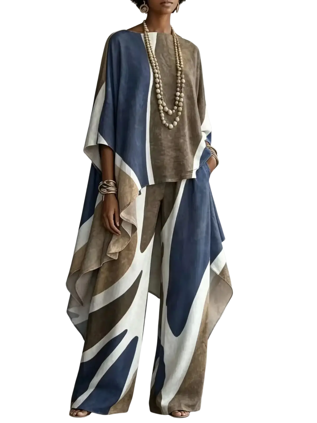 A flowing wide-legged pantsuit in bold abstract navy blue beige and white print for women two piece outfit set