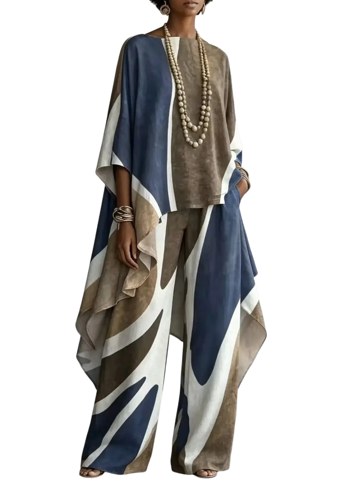 A flowing wide-legged pantsuit in bold abstract navy blue beige and white print for women two piece outfit set