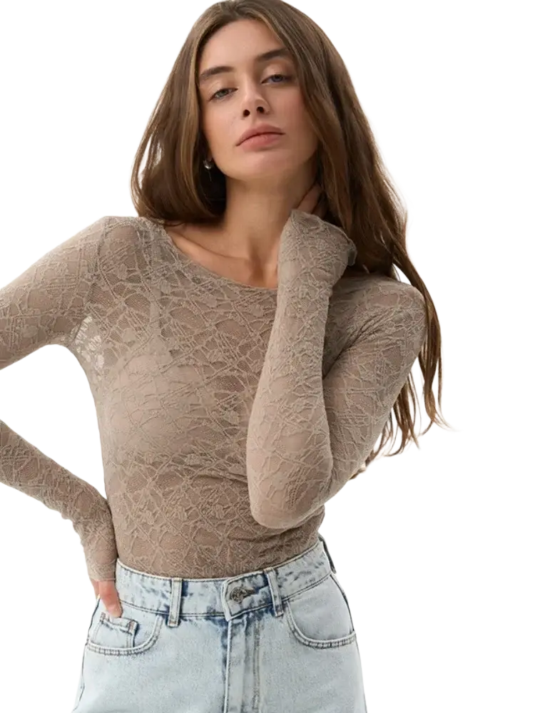 Beige lace long sleeve crop top with fitted design for women aesthetic clothes and modern aesthetic wear