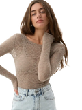 Beige lace long sleeve crop top with fitted design for women aesthetic clothes and modern aesthetic wear
