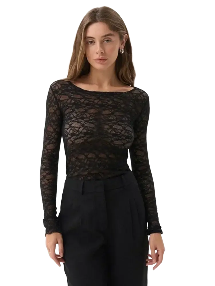 Black lace long sleeve crop top with scoop neckline and ruched cuffs for women aesthetic clothes collection
